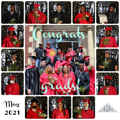 collage of 14 people in black or red graduation robes surrounding a group picture of graduates